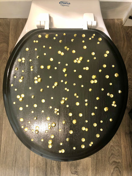 Gold Rhinestones Black Custom Hand Painted Toilet Seat (More Colors)