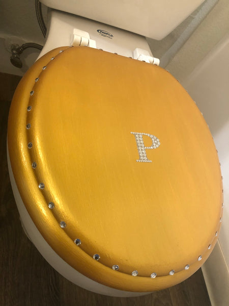 Personalized Bling Initial Gold Hand Painted Toilet Seat (A-E)(More Colors)