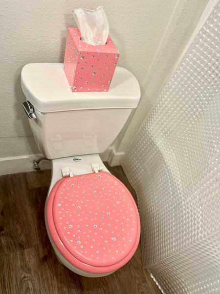 Pink & Silver Bling Hand Painted Toilet Seat Set