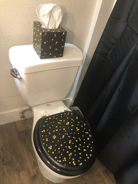 Gold Rhinestones Custom Hand Painted Toilet Seat Set