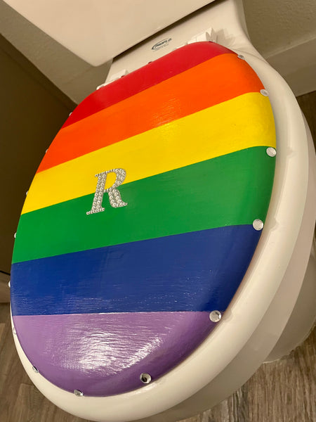 Personalized Rainbow Hand Painted Crystal Bling Initial Toilet Seat