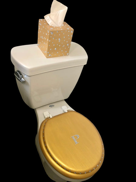 Personalized Crystal Bling Initial Gold Hand Painted Toilet Seat Set (A-E)(More Colors)