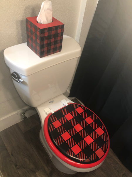 Buffalo Plaid Hand Painted Toilet Seat Set